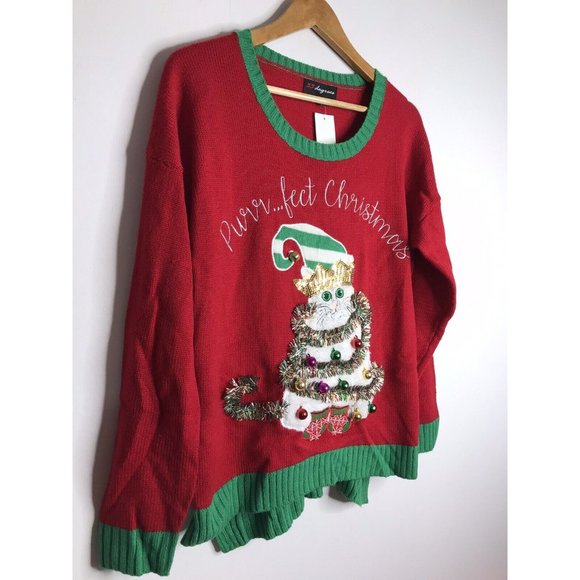 33 Degrees Purr..Fect Cat Jingle Bells Elf Hat Ugly Christmas Sweater Large New - Picture 2 of 9